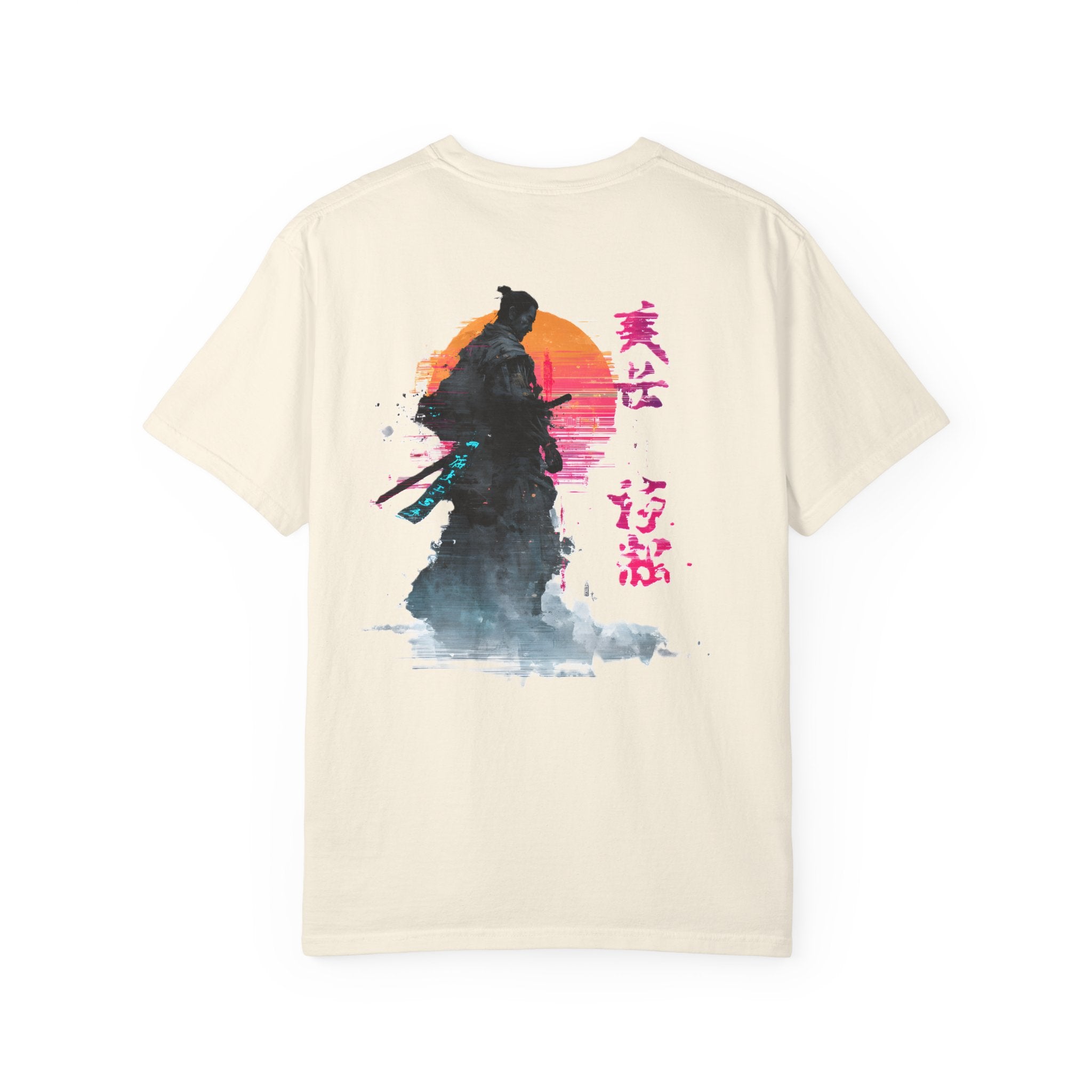 Beige t-shirt with a samurai graphic and Japanese text on a white background