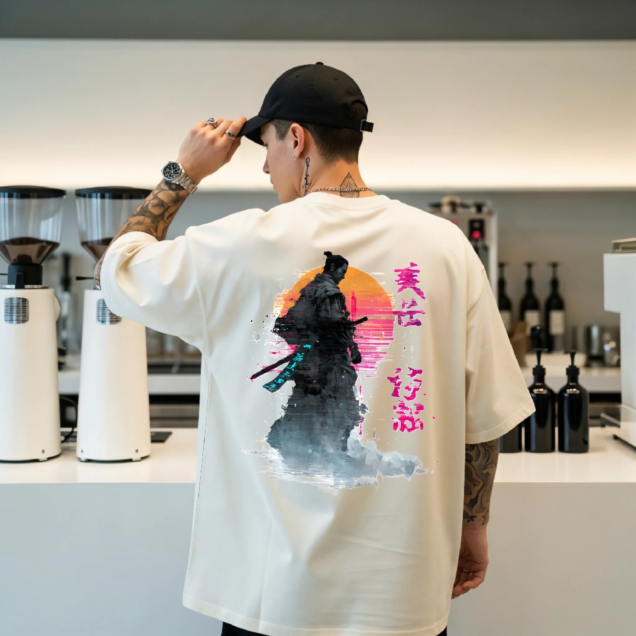 Lifestyle shot of model wearing Japanese samurai art T-shirt with neon accents.