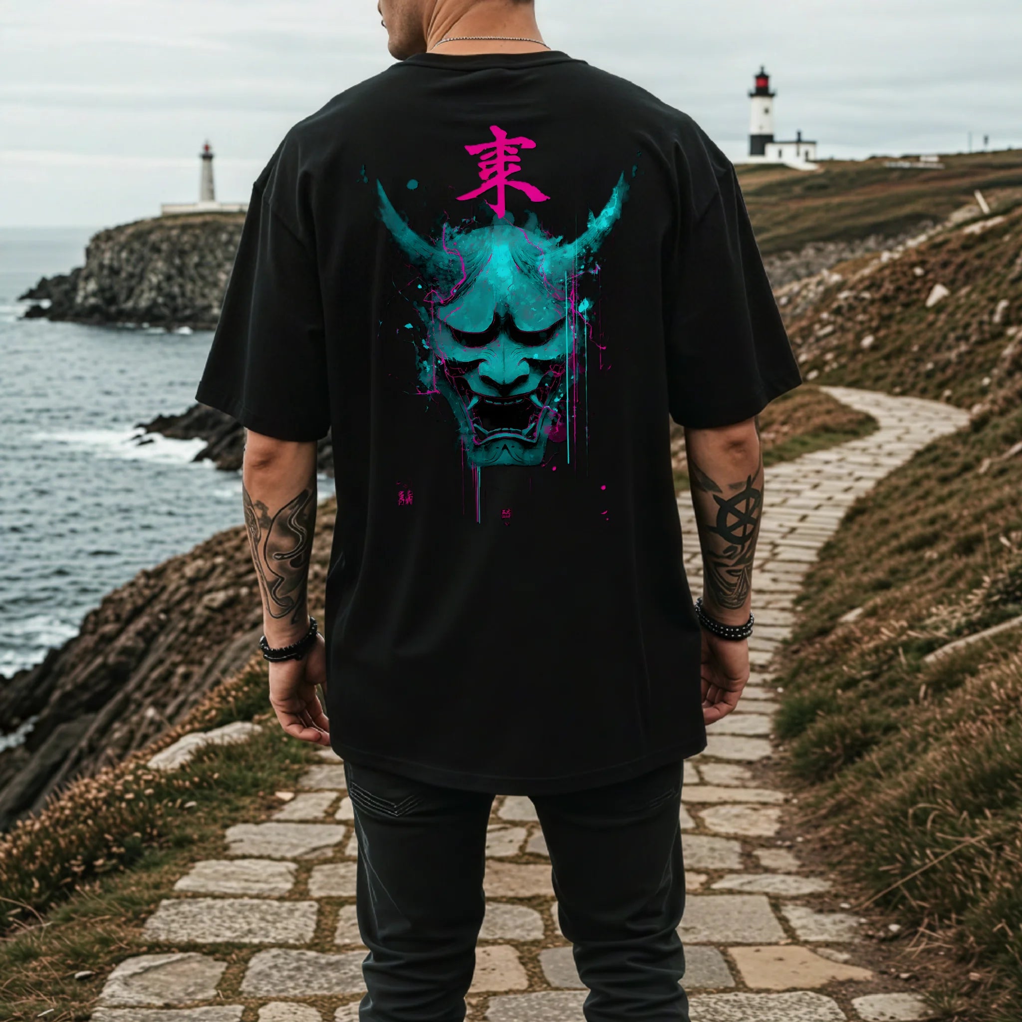 Lifestyle shot wearing Japanese oni art streetwear T-shirt with neon details.