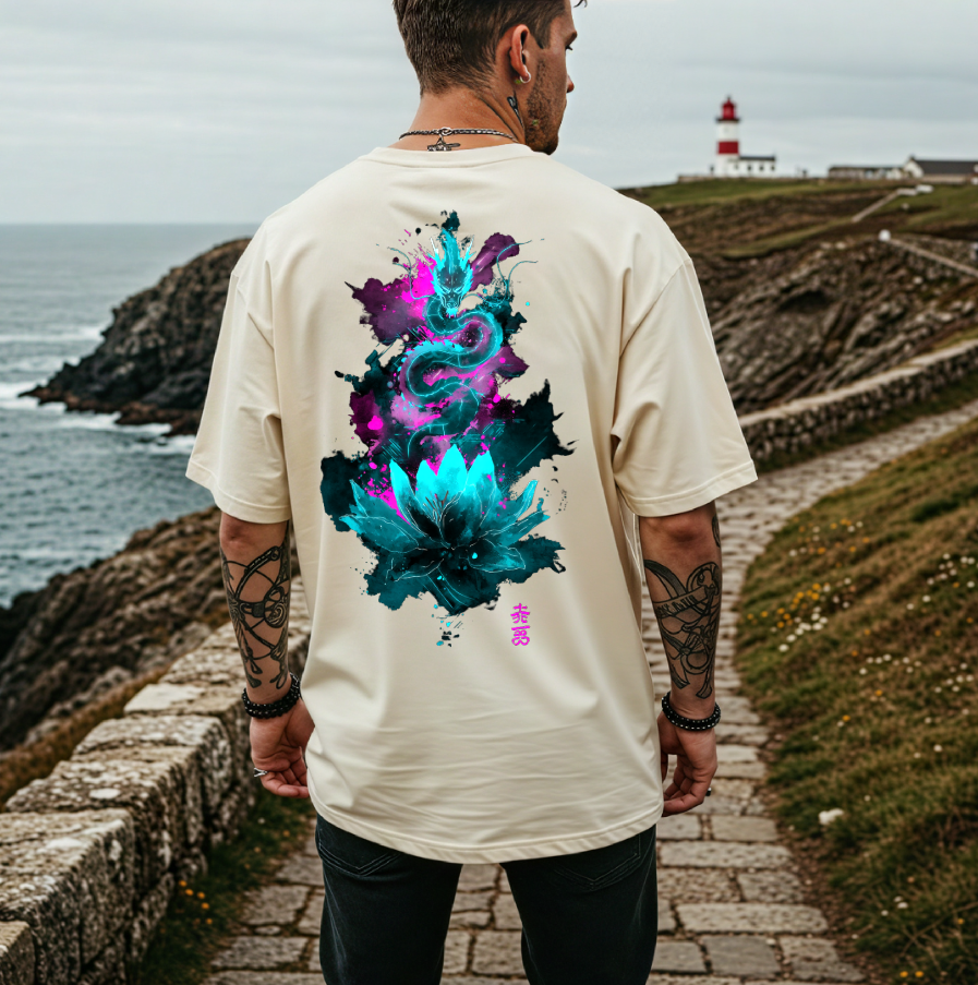 Back print of Comfort Colors t-shirt featuring sumi-e lotus bloom with neon dragon-serpent coiling upward.