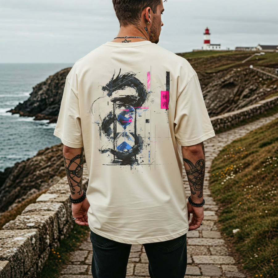Back print t-shirt featuring sumi-e dragon coiled around neon-glitched hourglass with kanji accents.