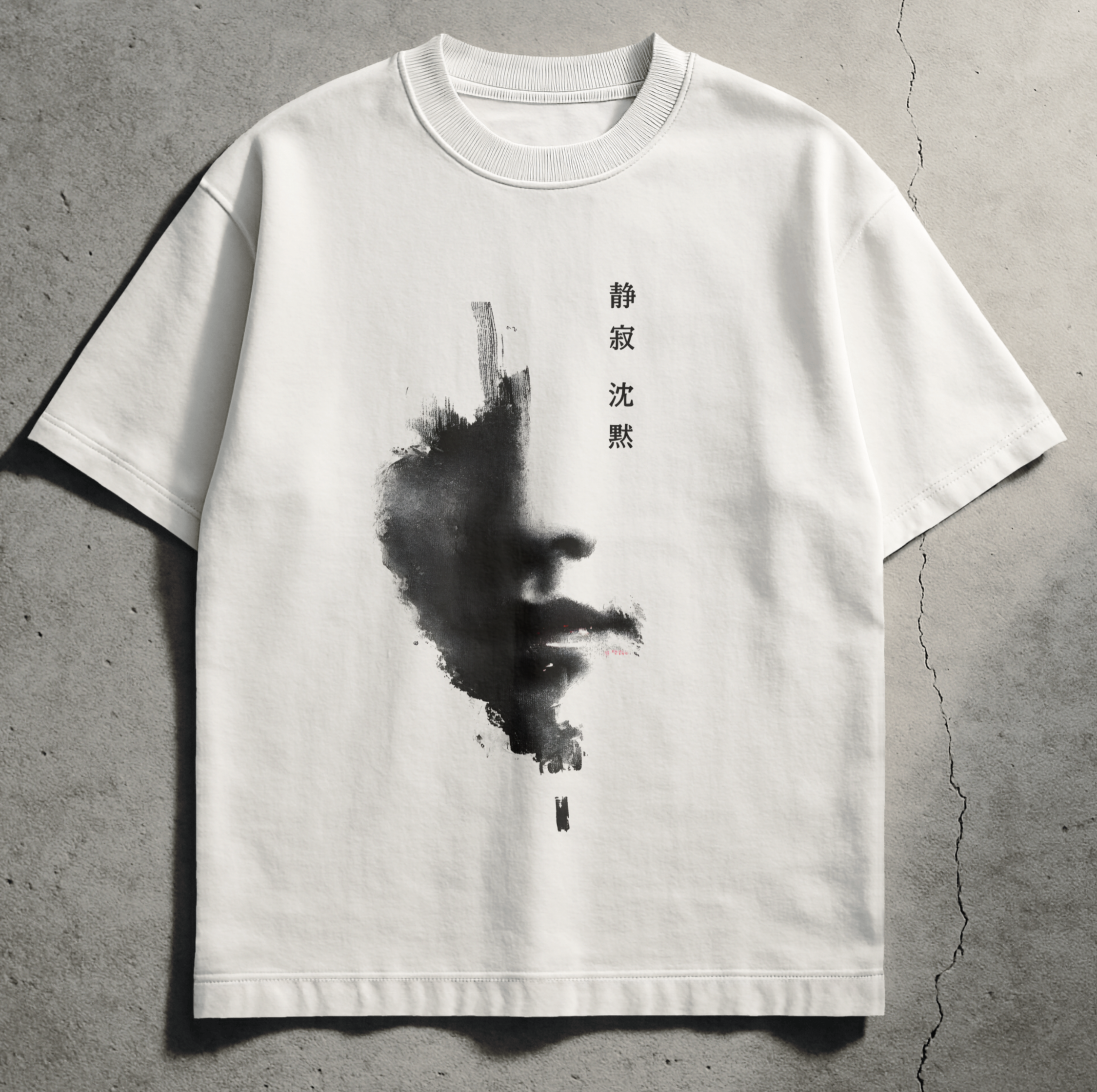 White Comfort Colors streetwear tee with sumi-e ink brushstroke dissolving into void, Spirit Ink The Void design from the Silence Trilogy.