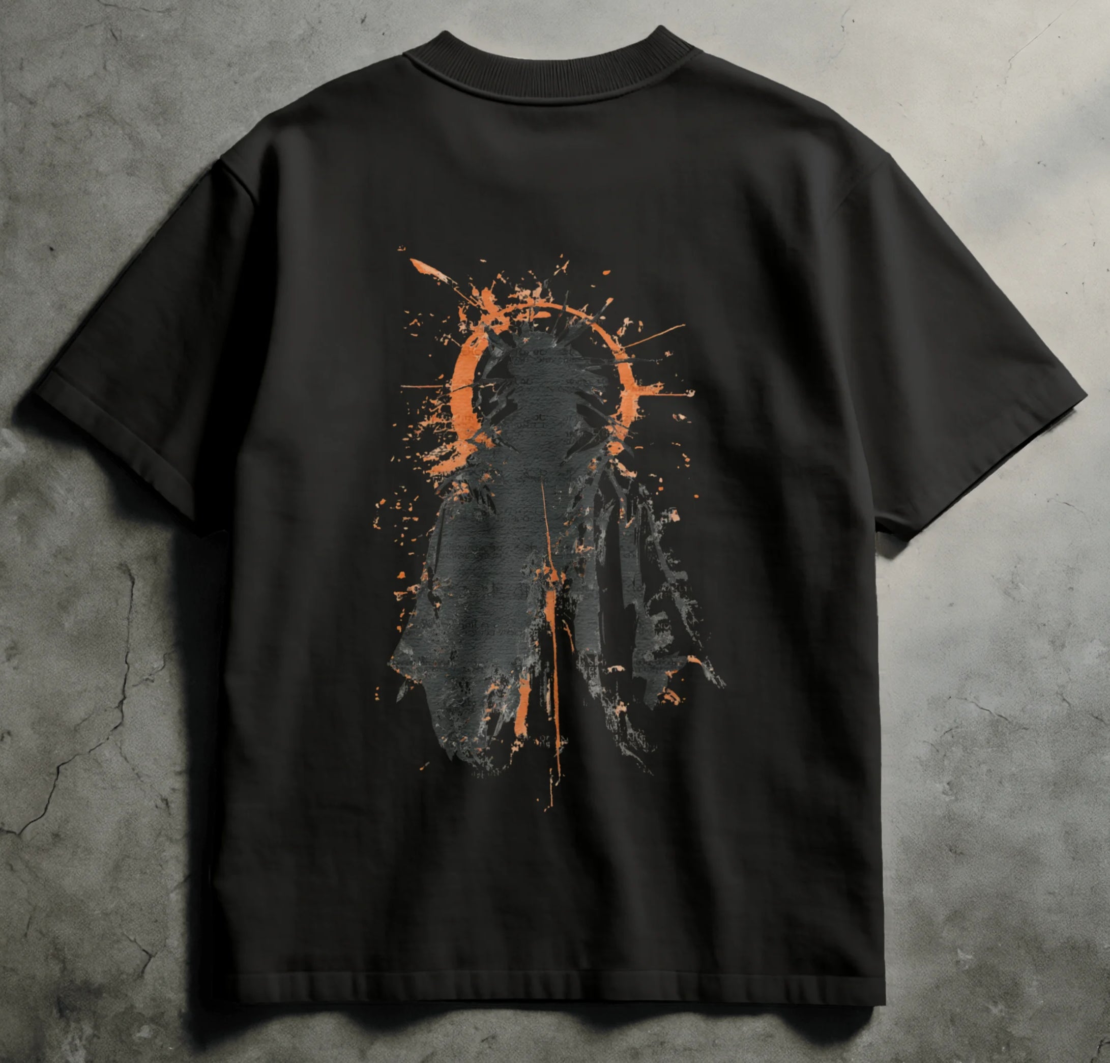 Black streetwear tee with sumi-e faceless figure crowned by ashen halo and neon ember fracture accents, Spirit Ink Ashen Divinity design.