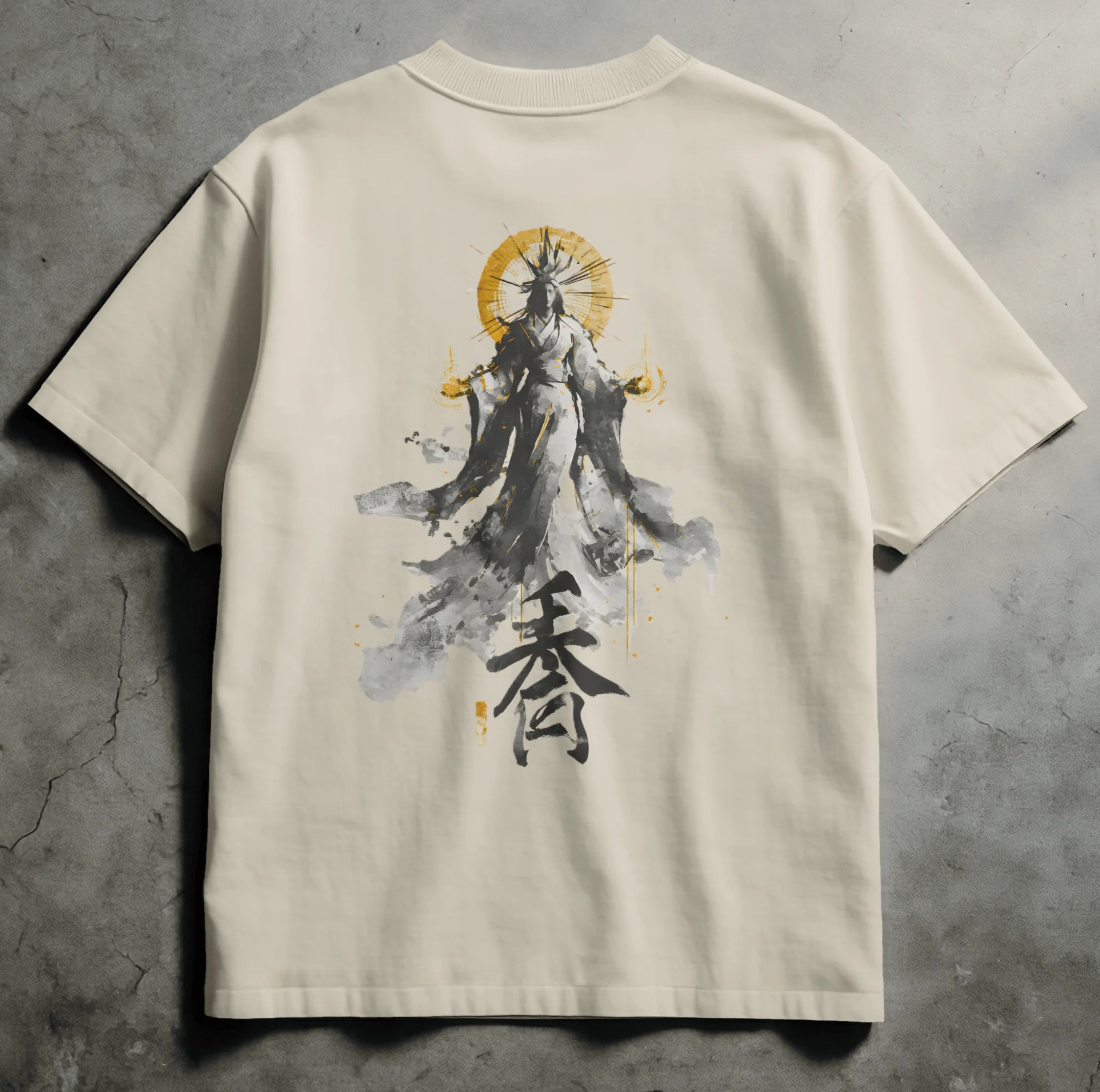 Ivory Comfort Colors streetwear tee with sumi-e faceless monk figure crowned by a golden halo, holding flames, with black kanji script below. Spirit Ink design. Available in black and ivory