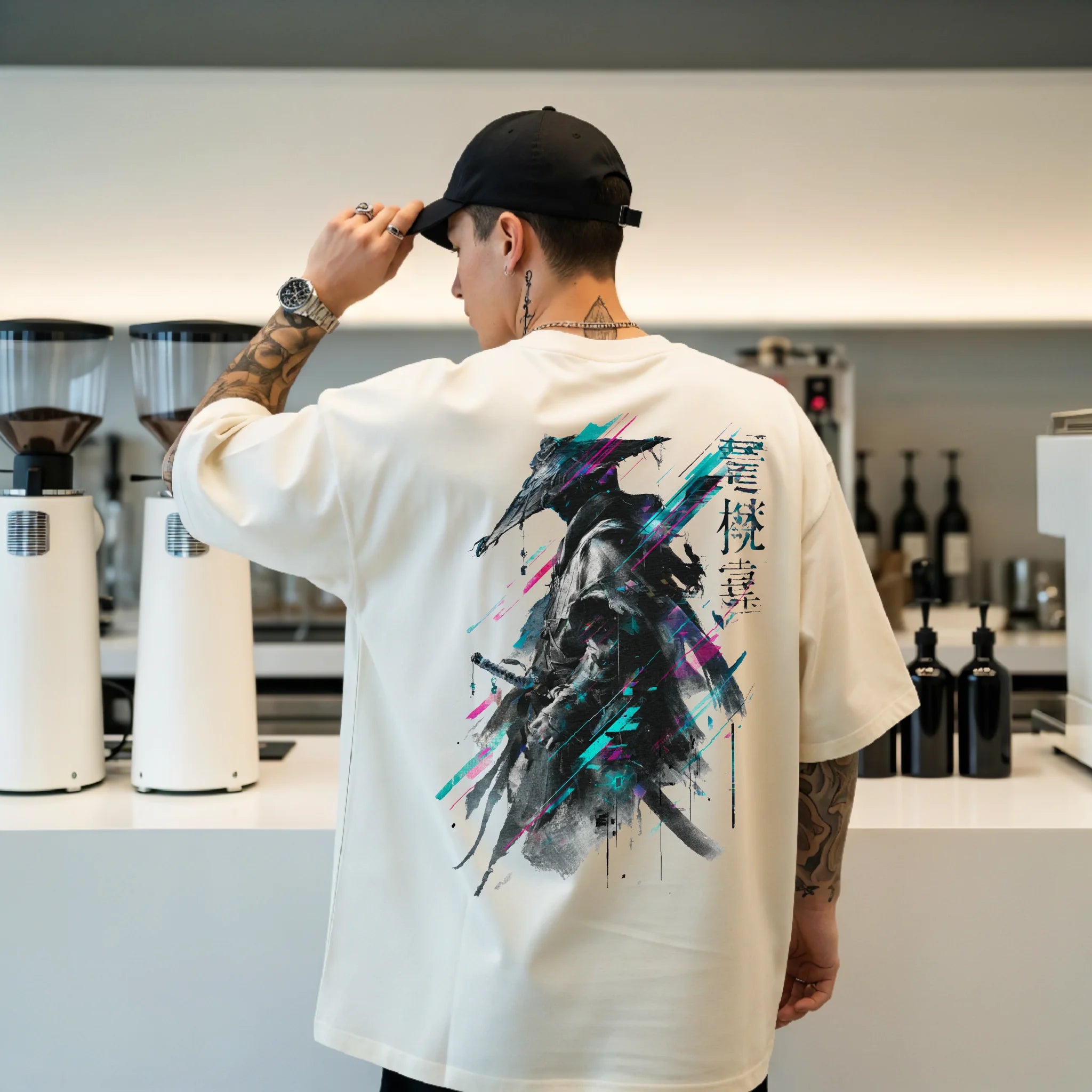 Digital ink wash artwork of a ronin warrior with glitch neon streaks, printed on the back of a white Comfort Colors oversized t-shirt.