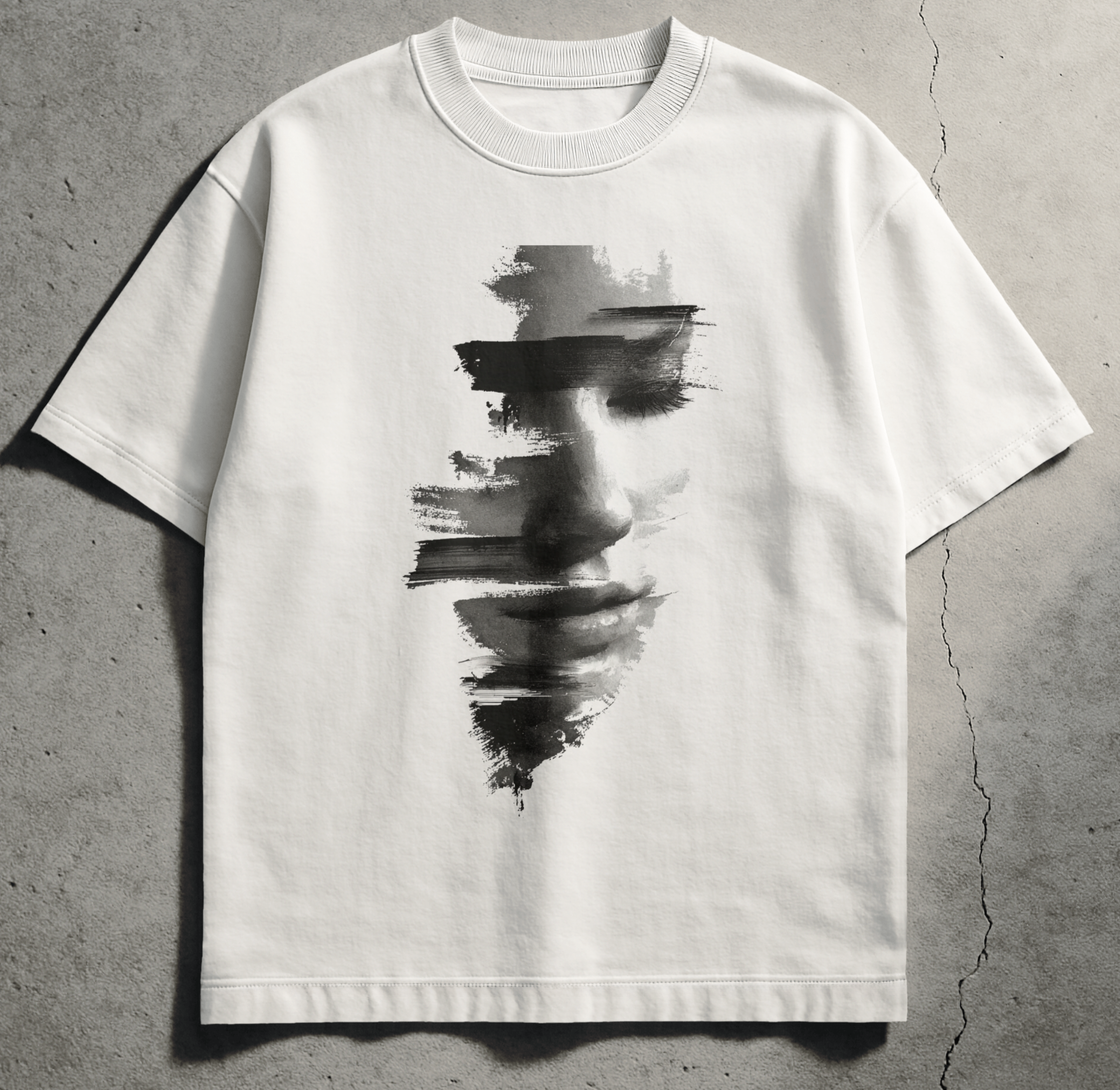 White streetwear tee with sumi-e ink brushstroke design symbolizing fractures and reforging, Spirit Ink The Fragment from the Silence Trilogy