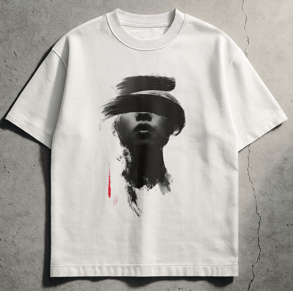 White Comfort Colors streetwear tee with sumi-e ink brushstroke sealing the eyes, Spirit Ink The Blind design from the Silence Trilogy