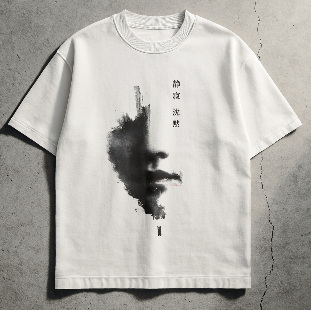 White Comfort Colors streetwear tee with sumi-e ink brushstroke dissolving into void, Spirit Ink The Void design from the Silence Trilogy.