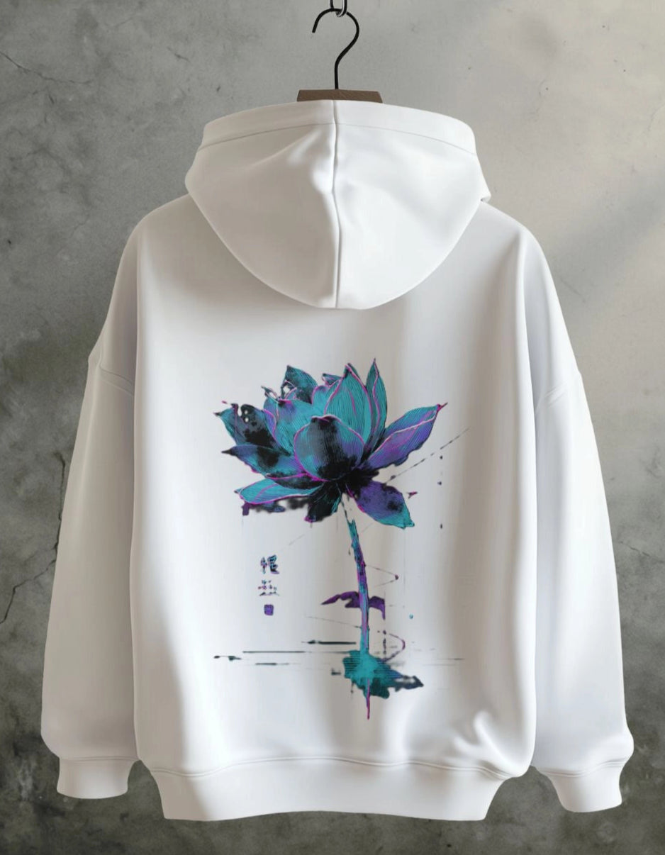 White Comfort Colors 1567 streetwear hoodie with sumi-e lotus flower design accented by neon cyan and magenta glitch textures, Spirit Ink design