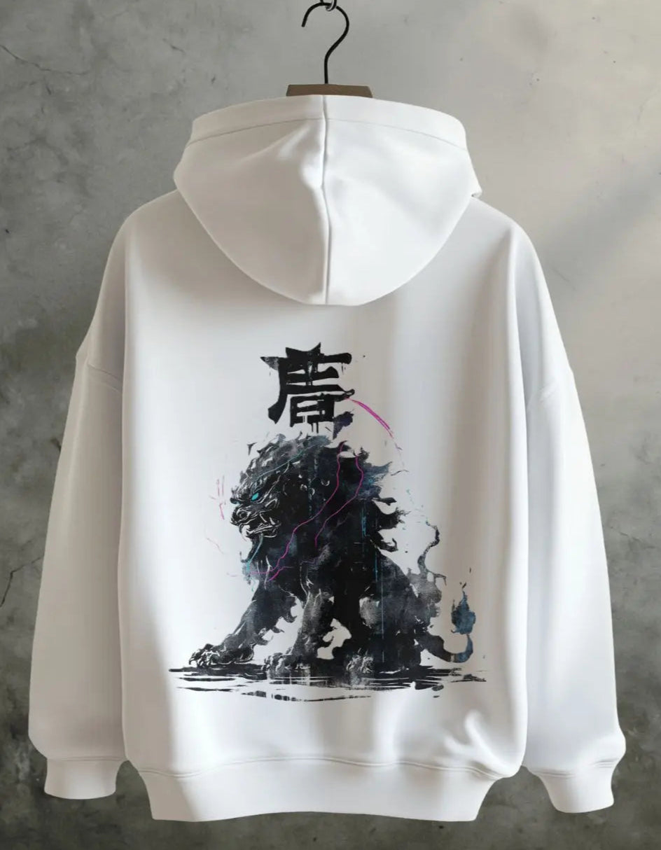 White hoodie with black graphic design on a gray textured background