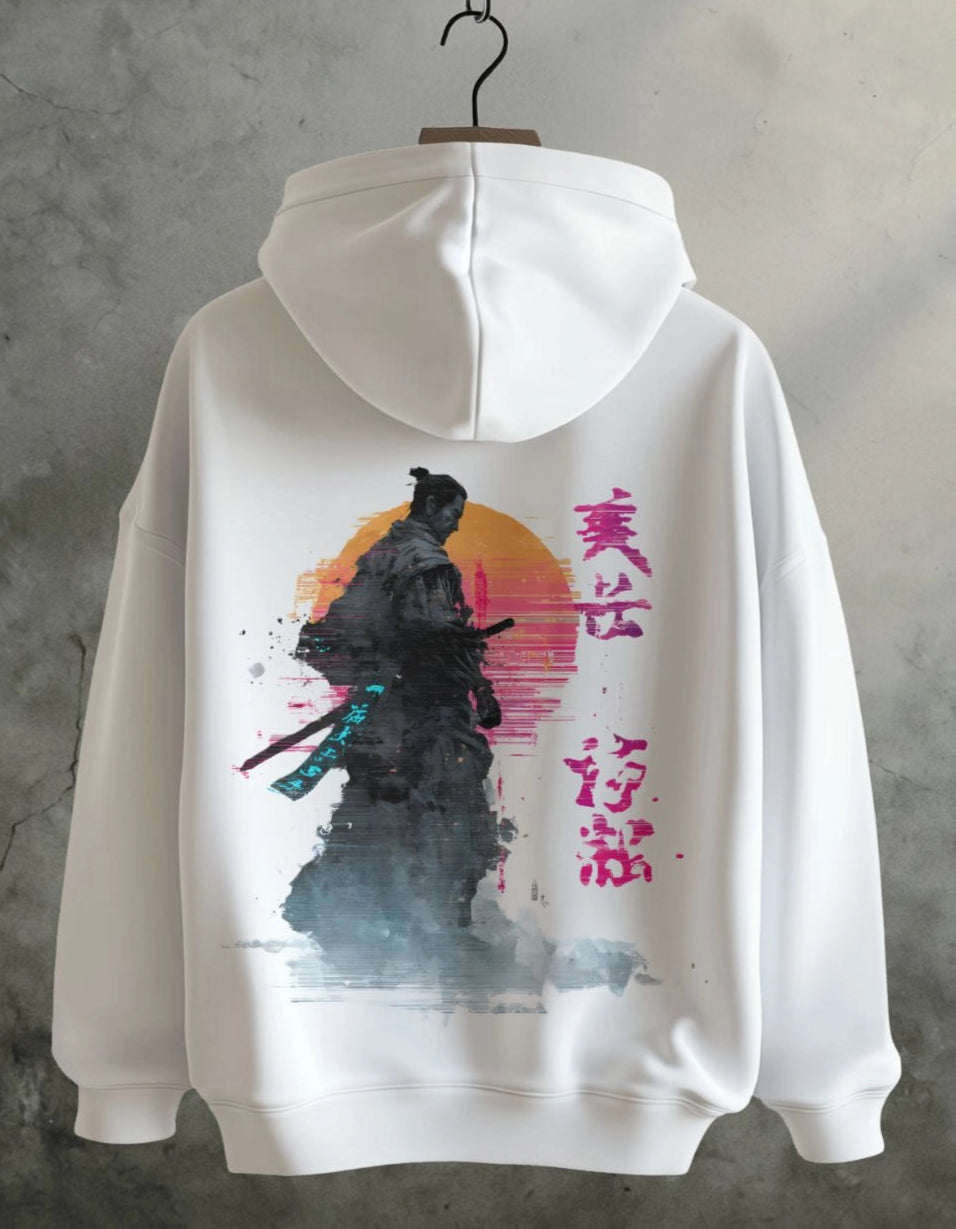 White hoodie with a samurai design on a gray wall