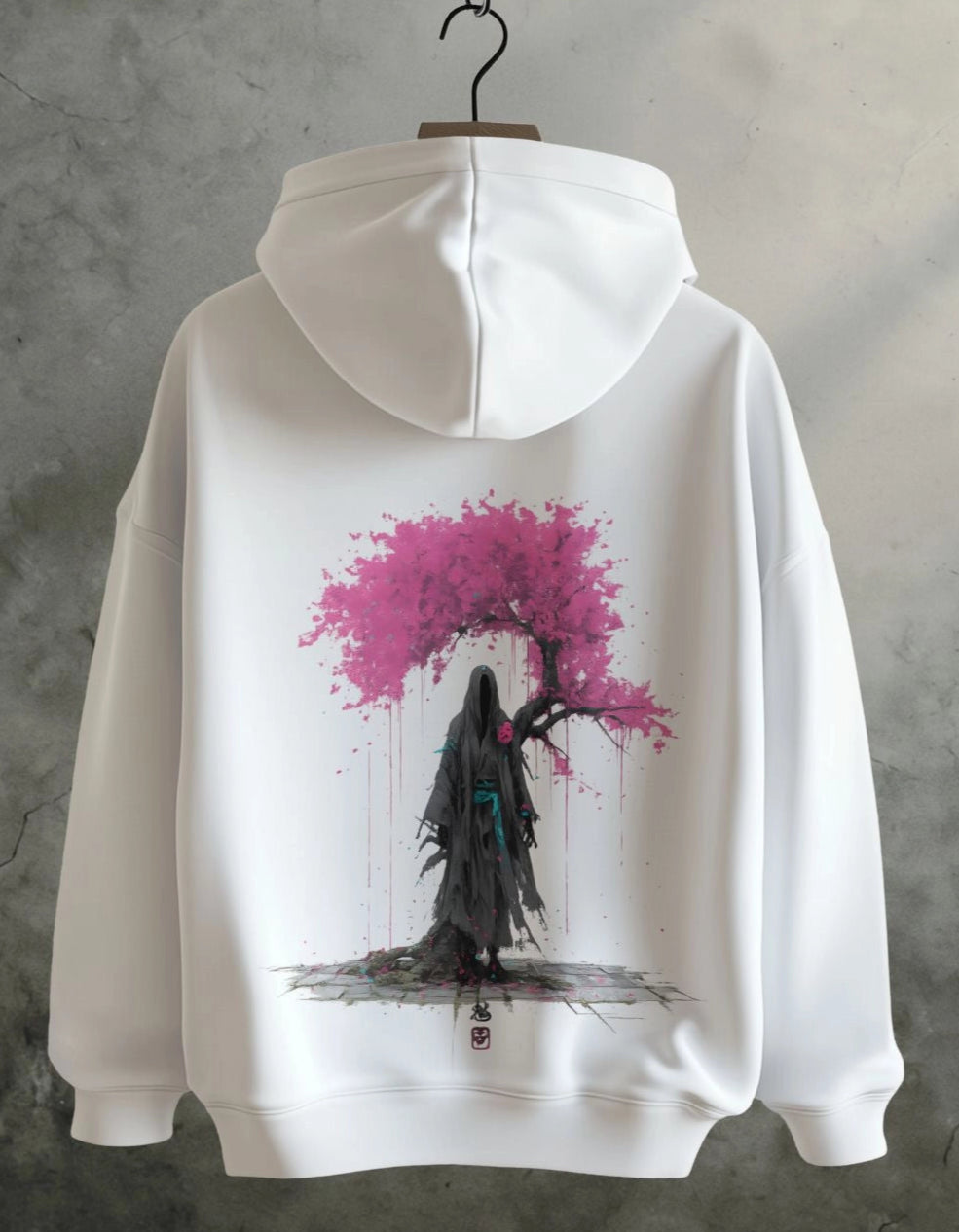 White hoodie with a pink tree and black figure design on a gray background