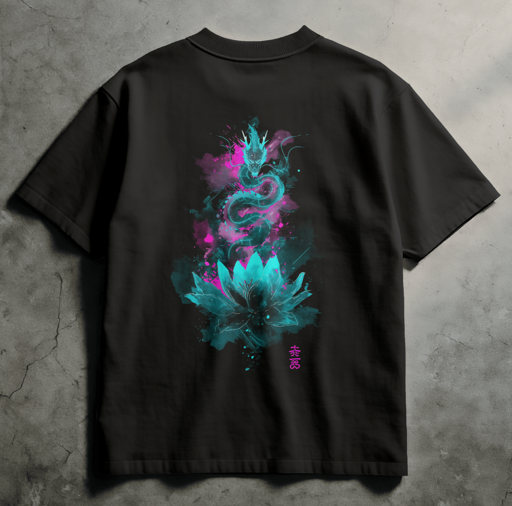 Black Comfort Colors streetwear tee with sumi-e dragon coiled above lotus, neon cyan and magenta glitch accents, Spirit Ink Lotus of the Rising Fang design