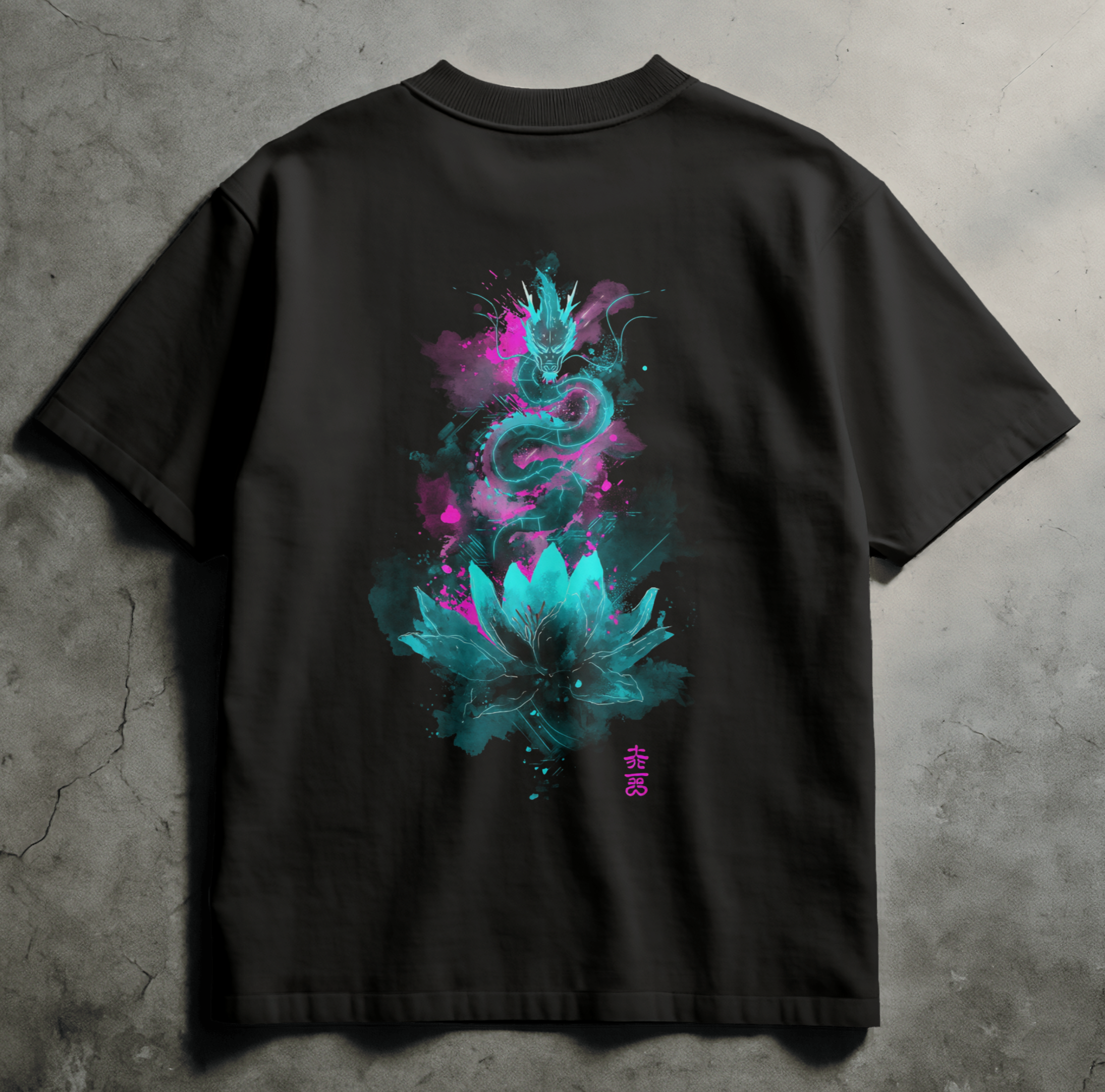 Black Comfort Colors streetwear tee with sumi-e dragon coiled above lotus, neon cyan and magenta glitch accents, Spirit Ink Lotus of the Rising Fang design