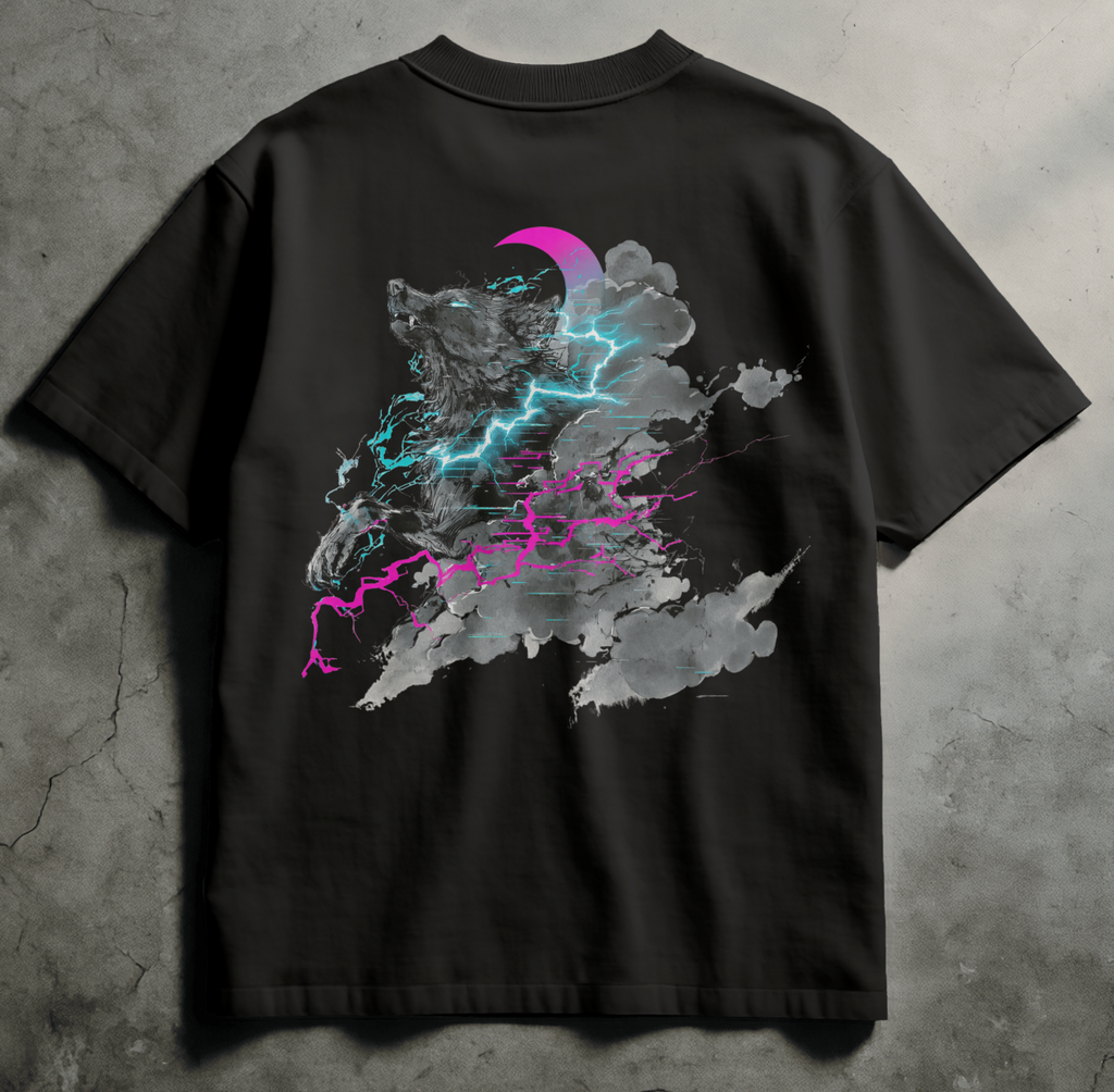 Black Comfort Colors streetwear tee with sumi-e wolf design under a crescent moon, neon cyan lightning and magenta glitch accents, Spirit Ink design. Available in black and ivory