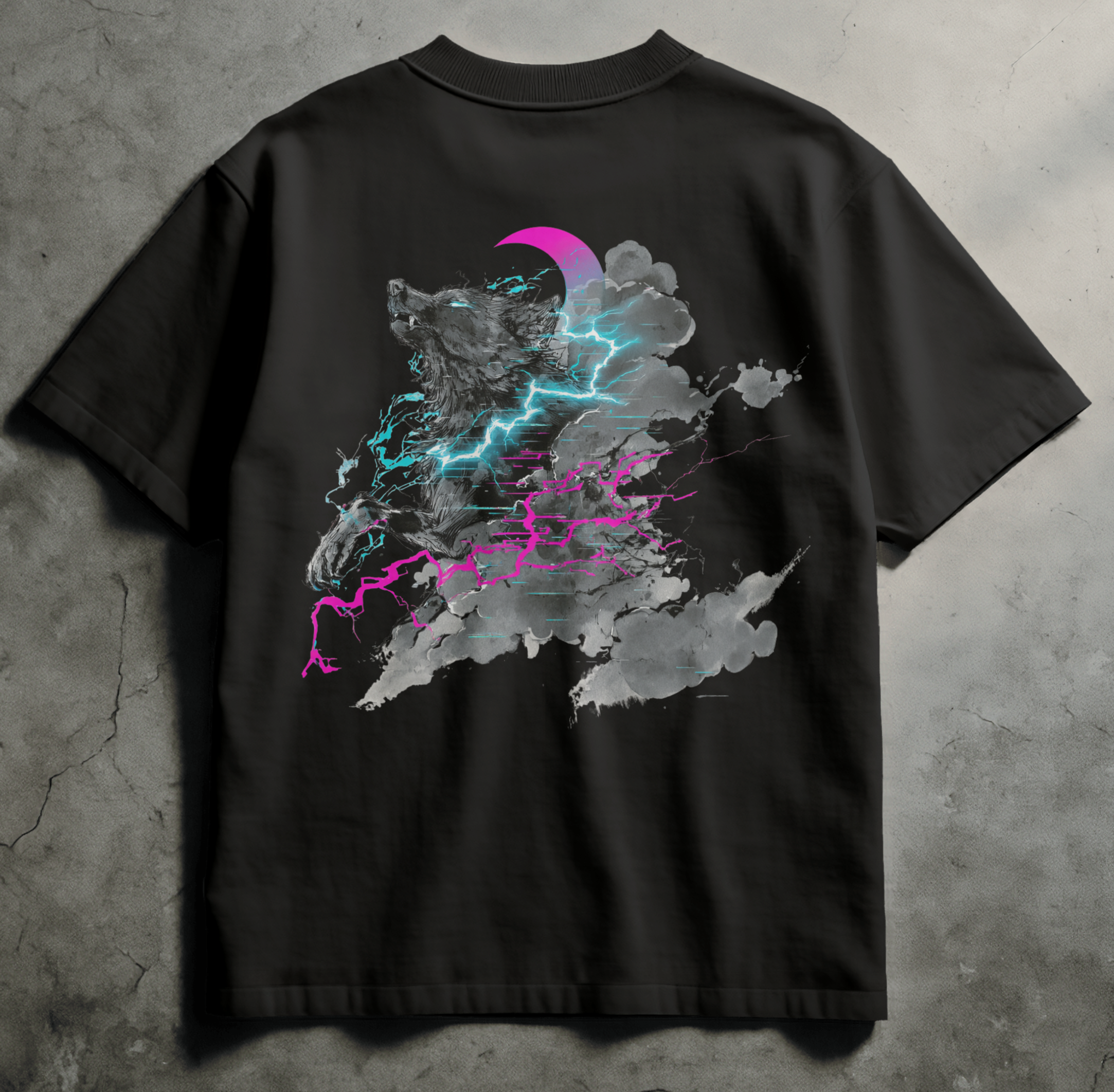 Black Comfort Colors streetwear tee with sumi-e wolf design under a crescent moon, neon cyan lightning and magenta glitch accents, Spirit Ink design. Available in black and ivory
