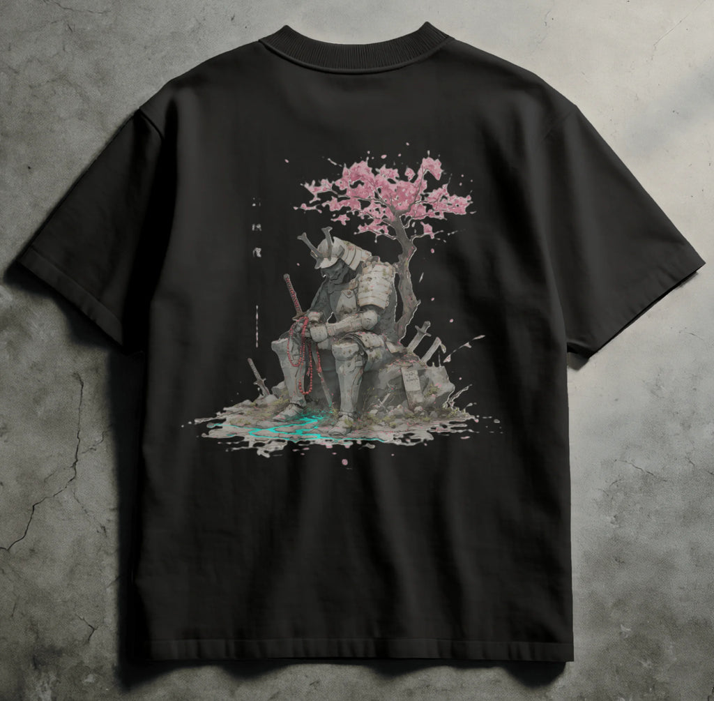 Black t-shirt with a graphic design of a person playing a instrument under a cherry blossom tree on a concrete surface.
