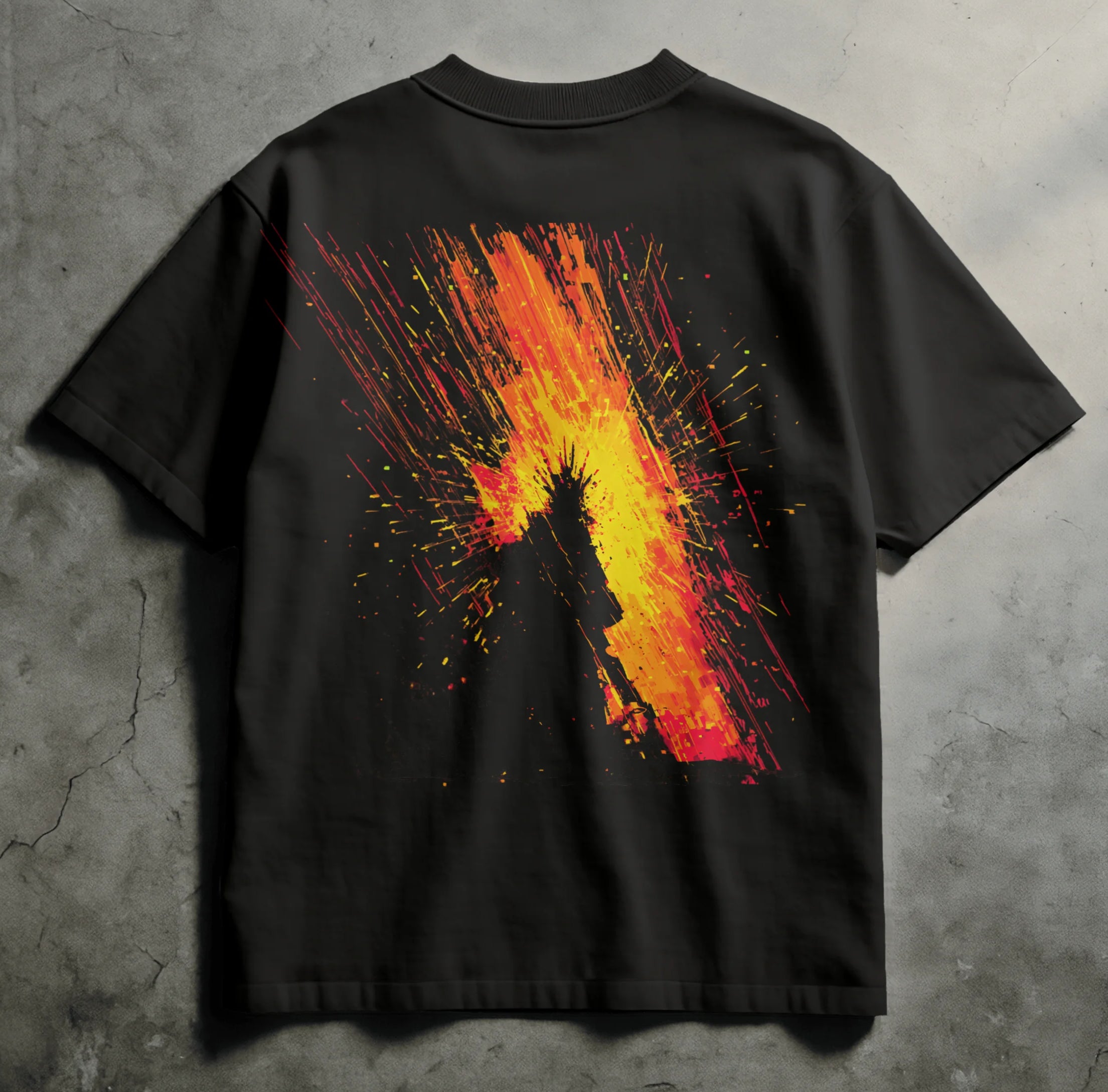 Black premium streetwear tee with sumi-e ink and fire design of Kagutsuchi, Japanese fire god, emerging in fractured flames and eclipse shadow with gold halo accents