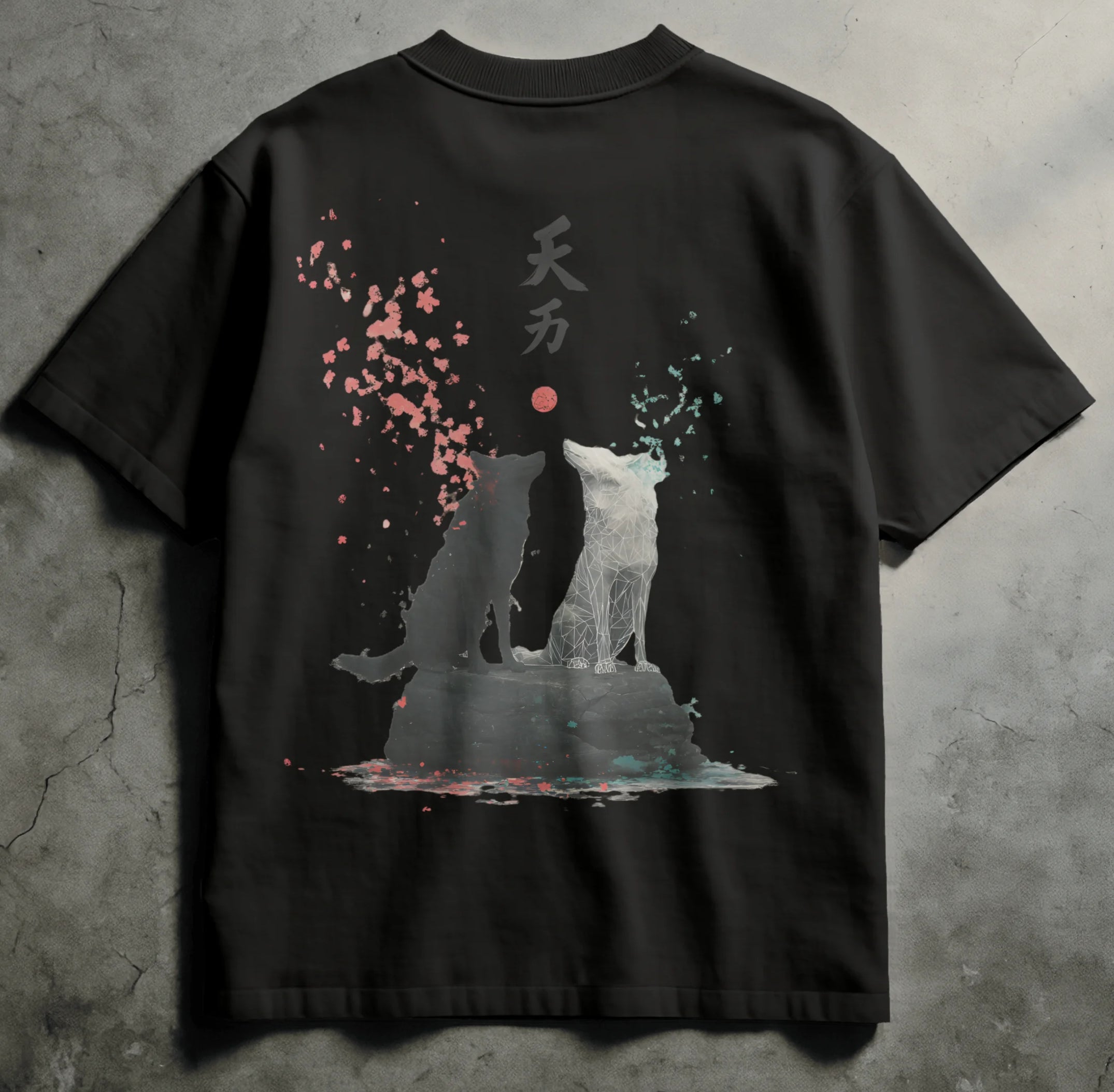 Black Comfort Colors streetwear tee with sumi-e design of two wolves facing each other beneath kanji, cherry blossom petals in red and teal glitch accents. Spirit Ink design. Available in black and ivory.