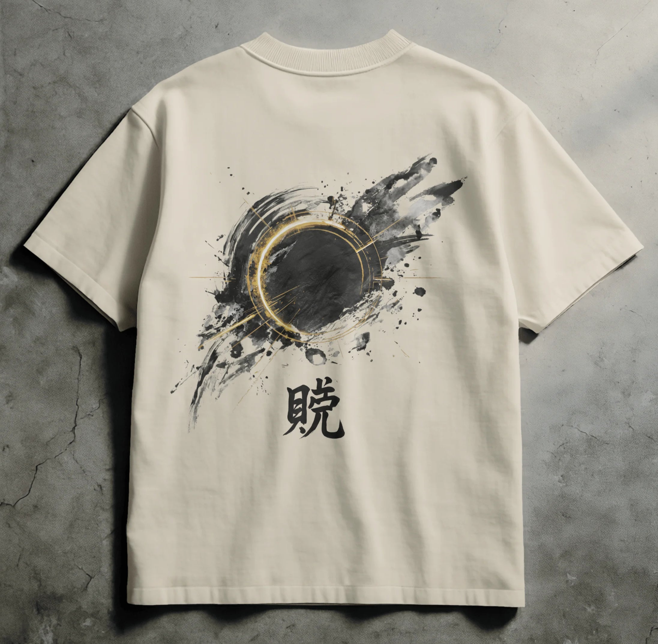 Ivory streetwear tee with sumi-e ink eclipse ring and metallic gold accents, featuring kanji Akatsuki meaning dawn.