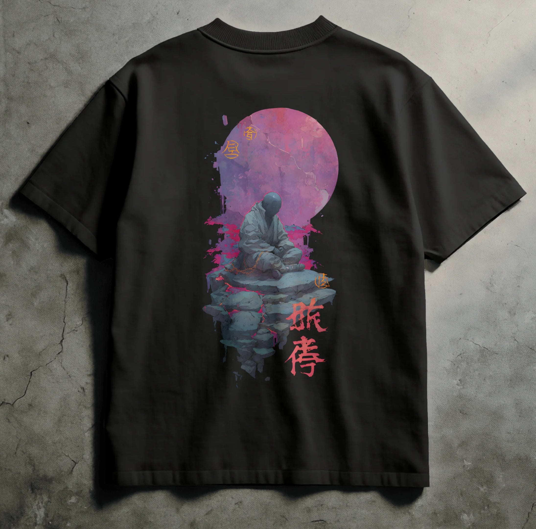 Black premium streetwear tee with sumi-e ink design of a faceless figure beneath a fractured sun, accented with neon glitch and kanji Journey’s Legend