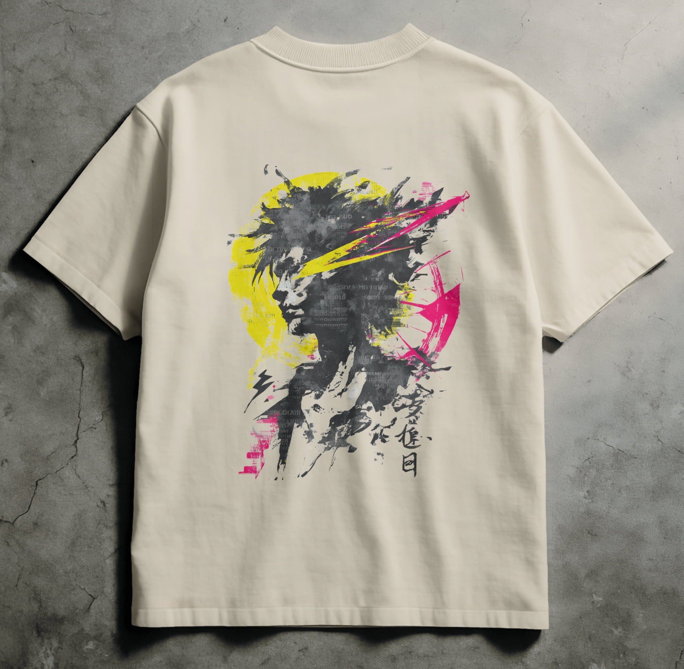 Ivory streetwear tee with sumi-e brushstroke storm silhouette and neon glitch accents in crimson and gold, Spirit Ink Neon Tempest design.