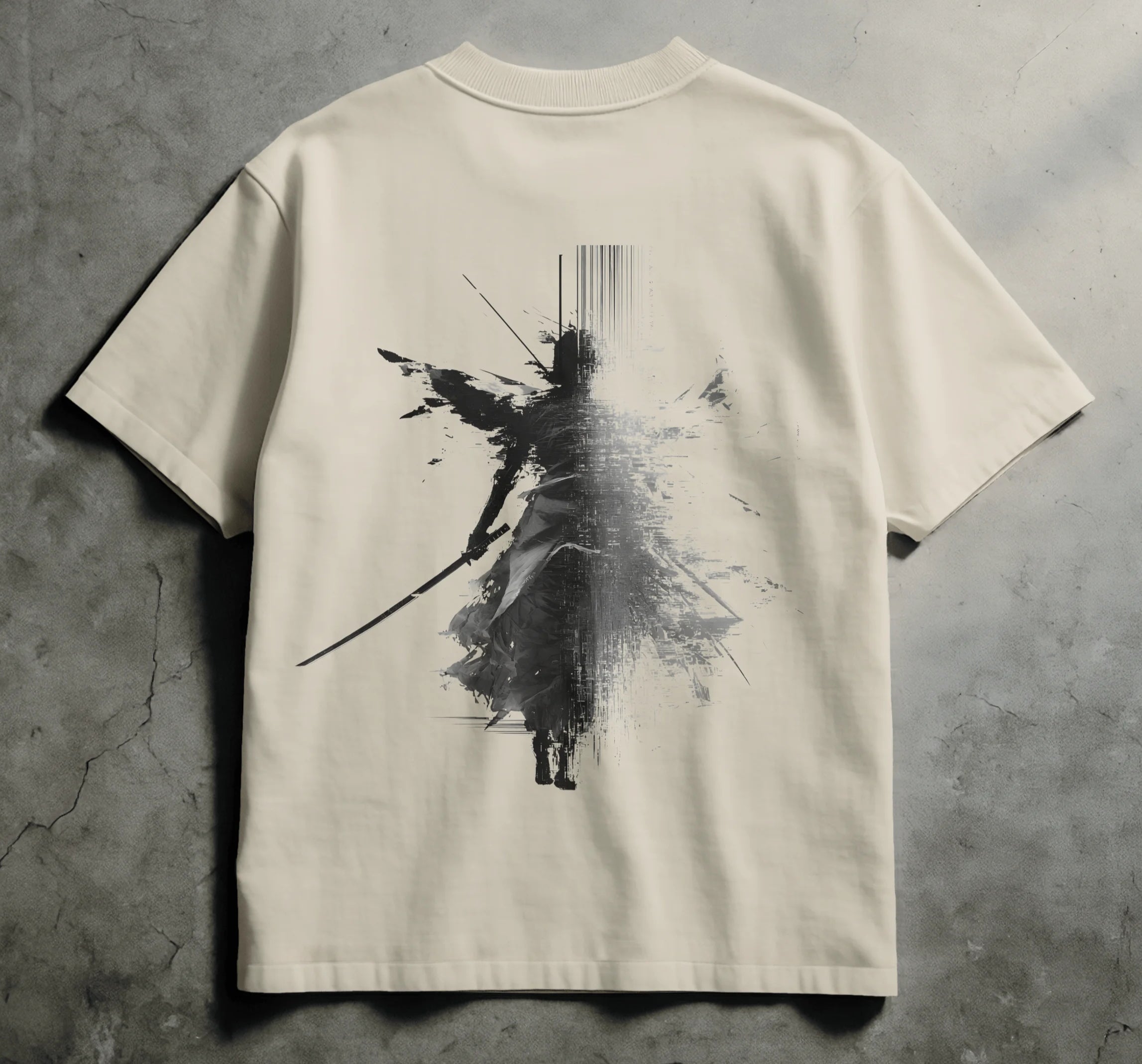 Ivory streetwear tee with sumi-e ink fractured silhouette dissolving into glitch static bleed, Spirit Ink Echo of Silence design.