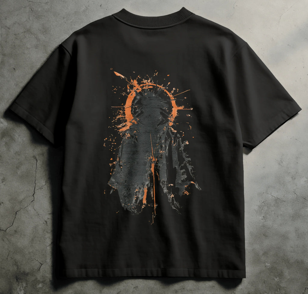 Black streetwear tee with sumi-e faceless figure crowned by ashen halo and neon ember fracture accents, Spirit Ink Ashen Divinity design.