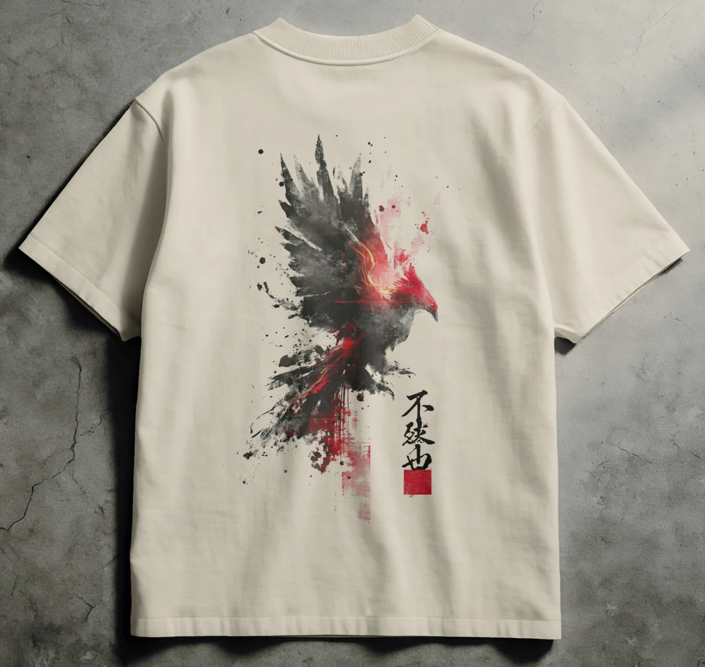 Beige t-shirt with a graphic design of a rooster on a gray concrete surface