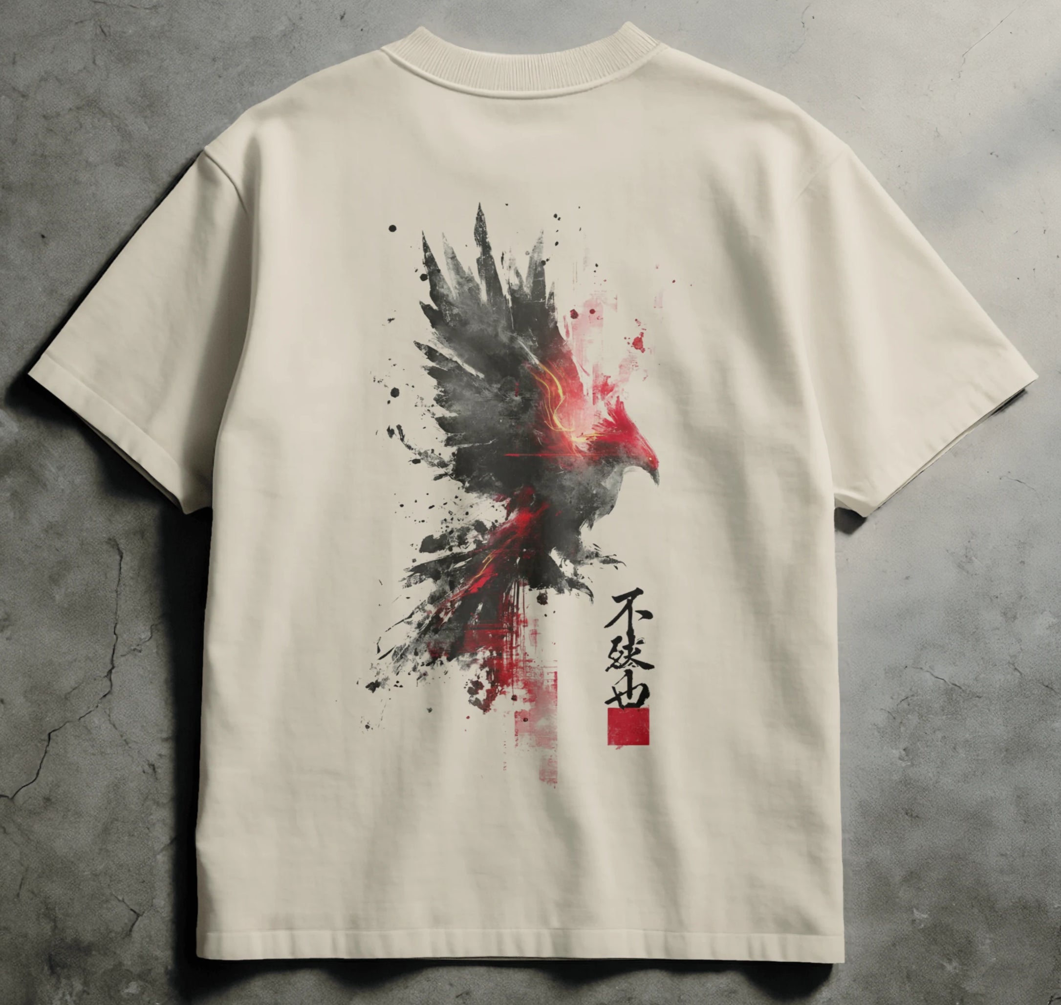 Beige t-shirt with a graphic design of a rooster on a gray concrete surface